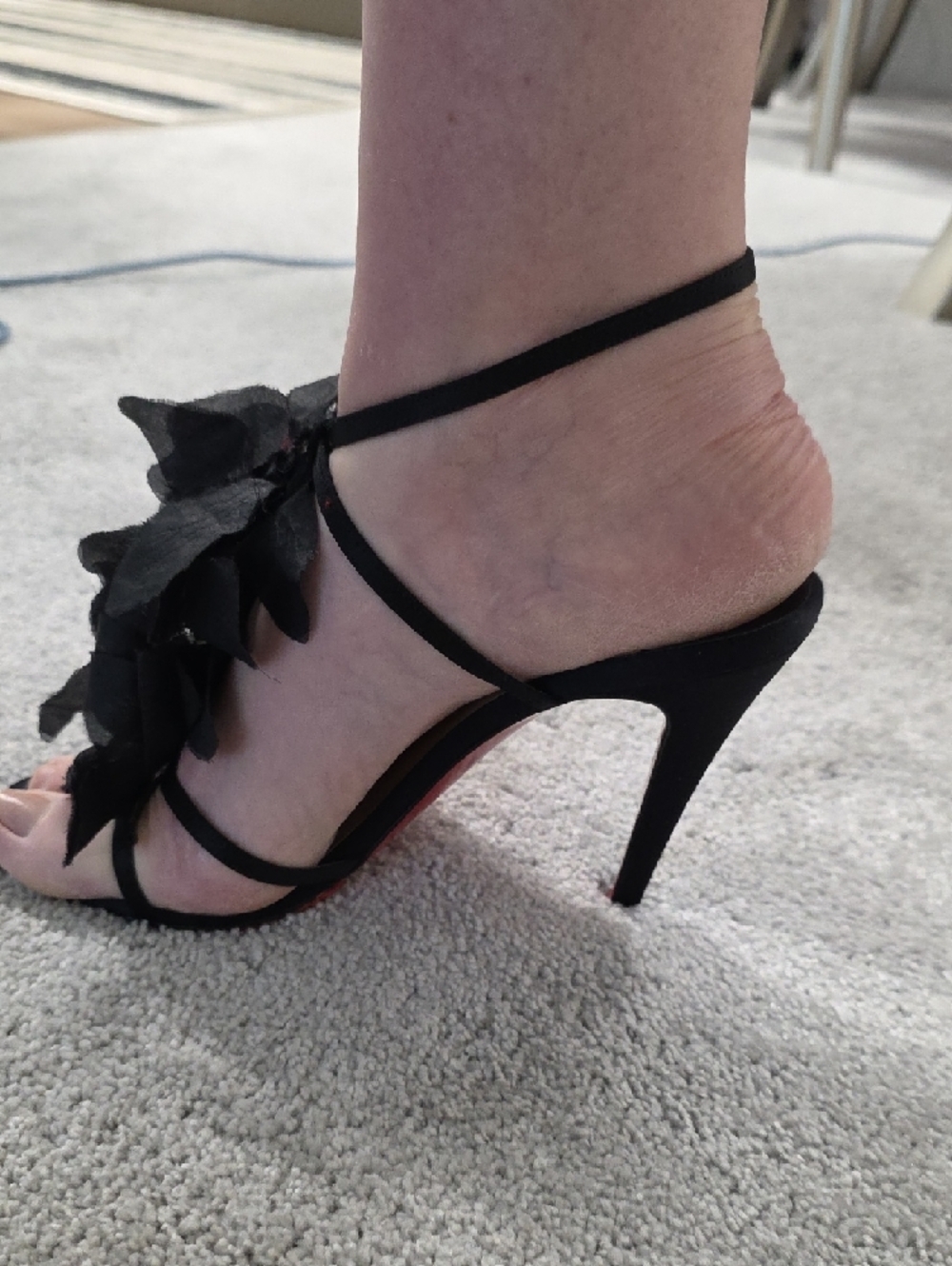 Christian Louboutin Black Floral Satin Strappy Heels - Picture 7 of 7